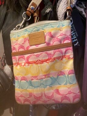 Coach Pastel Multicolor Signature Stripe Crossbody - Pink, Yellow, Blue